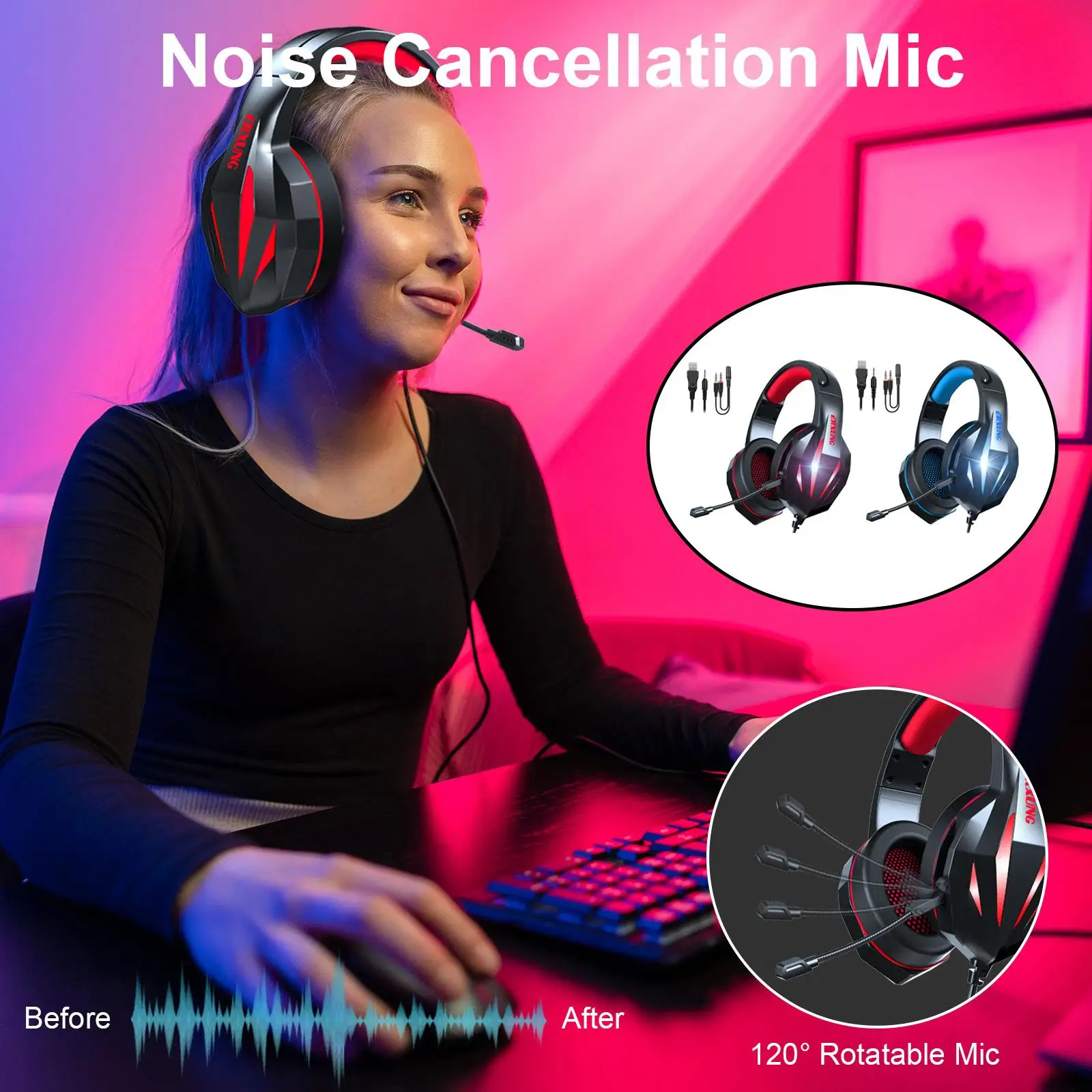 Stereo LED Over-Ear Gaming Headset Headphones 4 Surround 3.5mm Plug 4 5 Controller PC Laptop Computer Games Gamer Mobile Phone