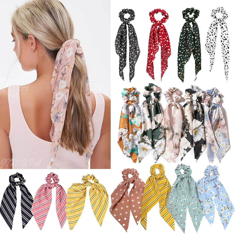 Vintage Print Floral Stripe Long Ribbon Scrunchies Women Ponytail Holder Elastic Hair Band Hair Rope for Girls Hair Accessories head scarves