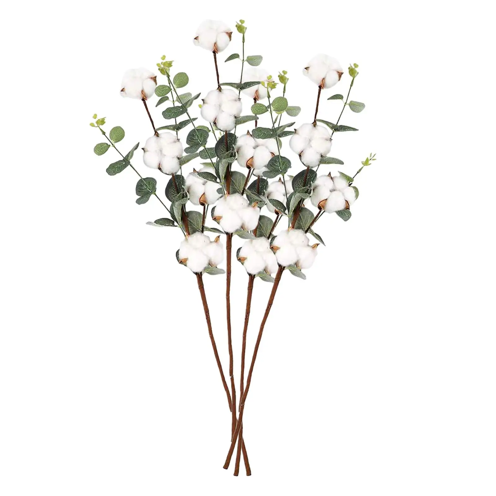 4x Faux Cotton Flower Branch with Eucalyptus Leaves Decoration Cotton Stems