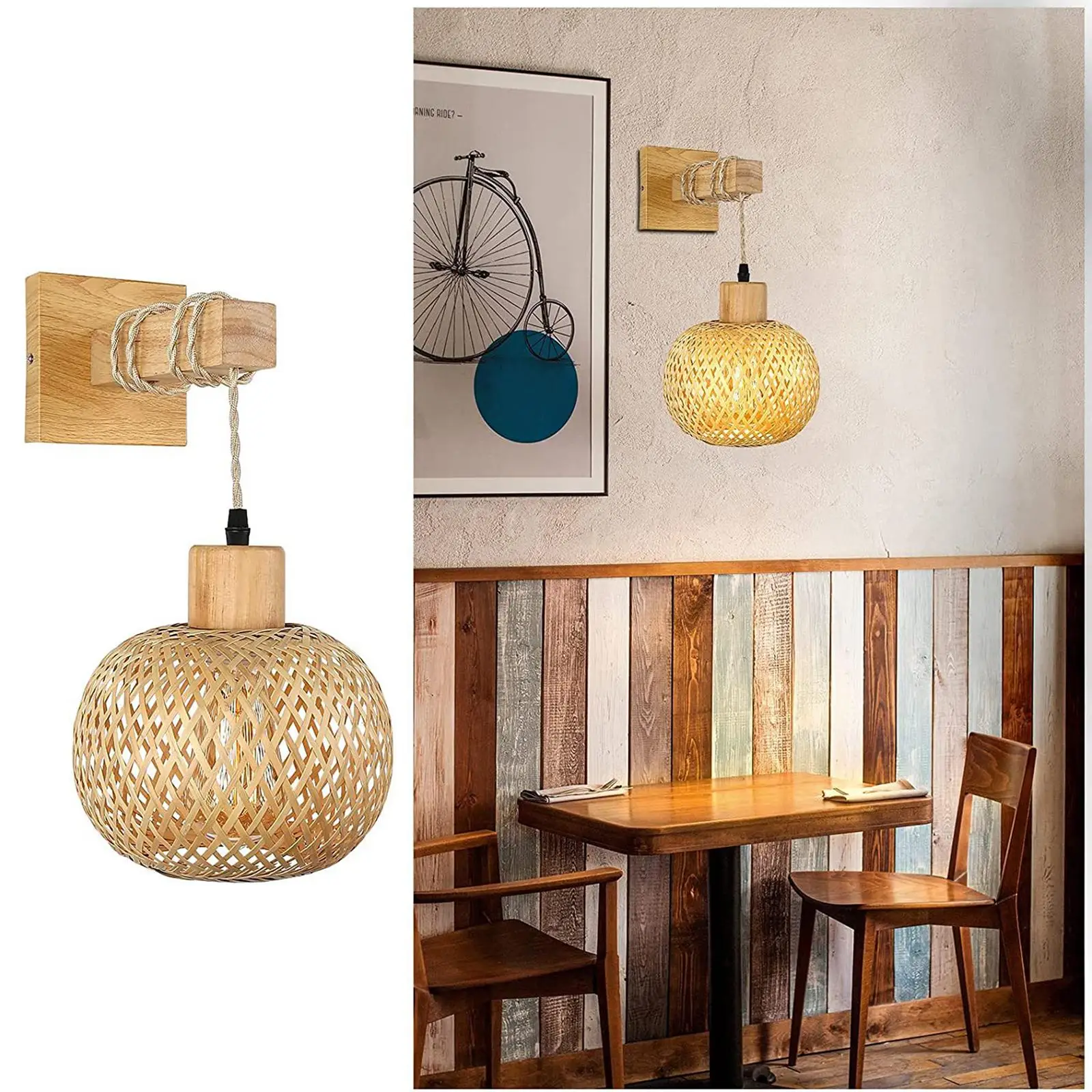 Rattan Wall Sconce Lighting, Rattan Lamps for Bedroom, Farmhouse Rustic Wall