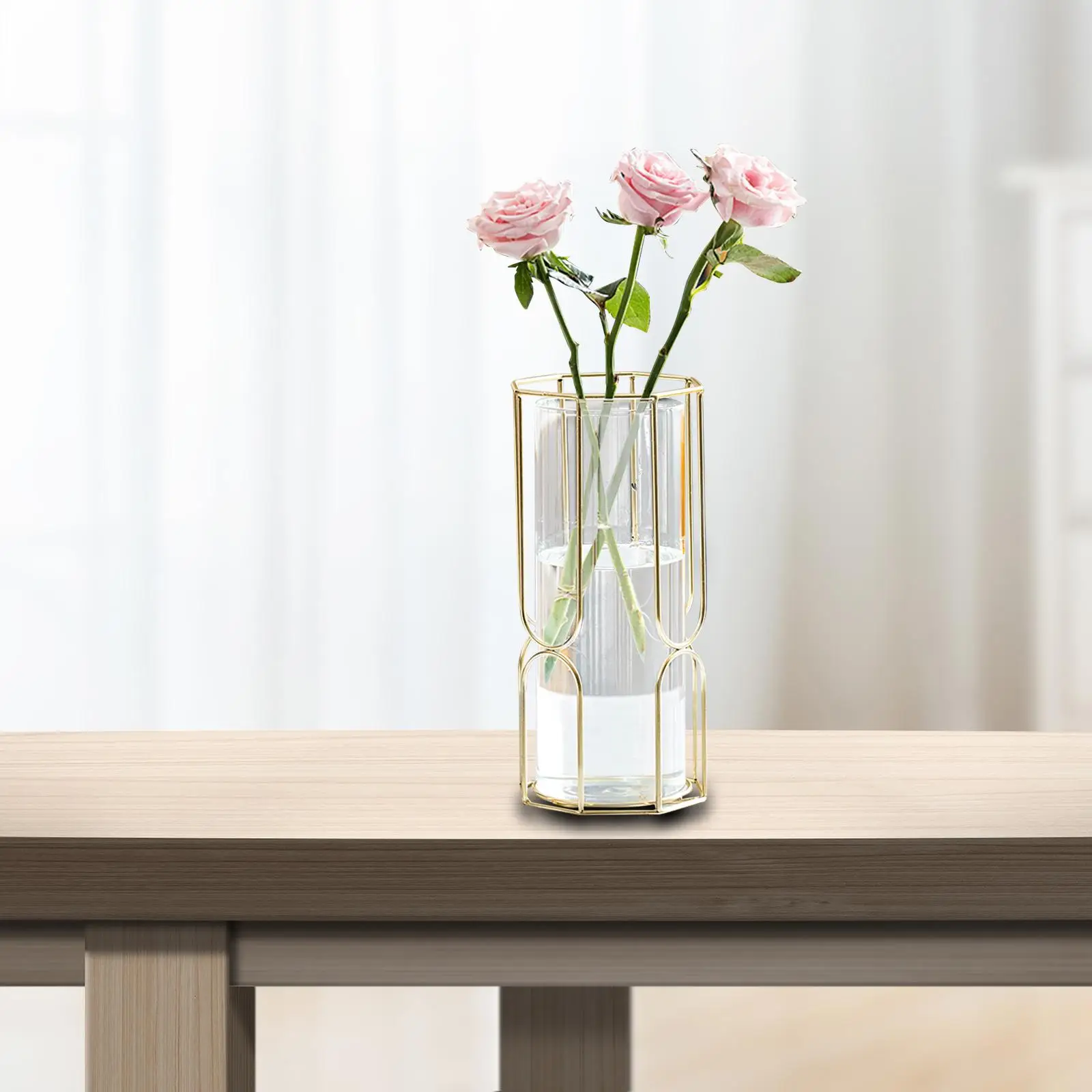 Flower Vase Glass Tube Vase with Metal Stand Rack Glass Vase Terrarium Plant Holder Flower Arrangement for Table Bedroom Desktop