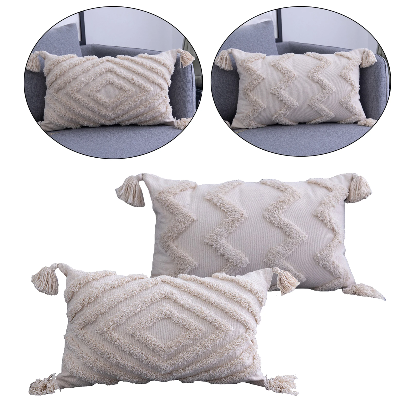 2Pcs Boho Throw Pillow Covers Cotton Linen Woven Tufted Pillowcases for Sofa
