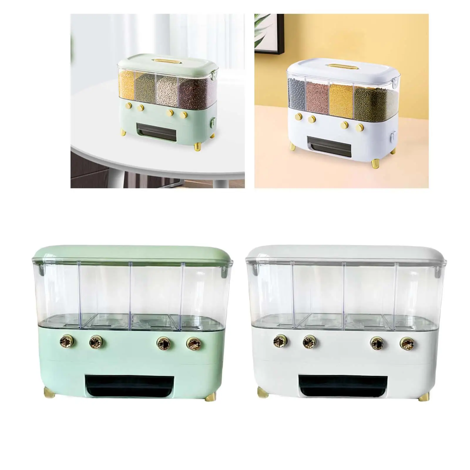 Kitchen Grain Cereals Dispenser Rice Bucket 4 Grid Easily Clean with Lid for Soybeans, Corn, Rice, Red Beans Smooth Surface