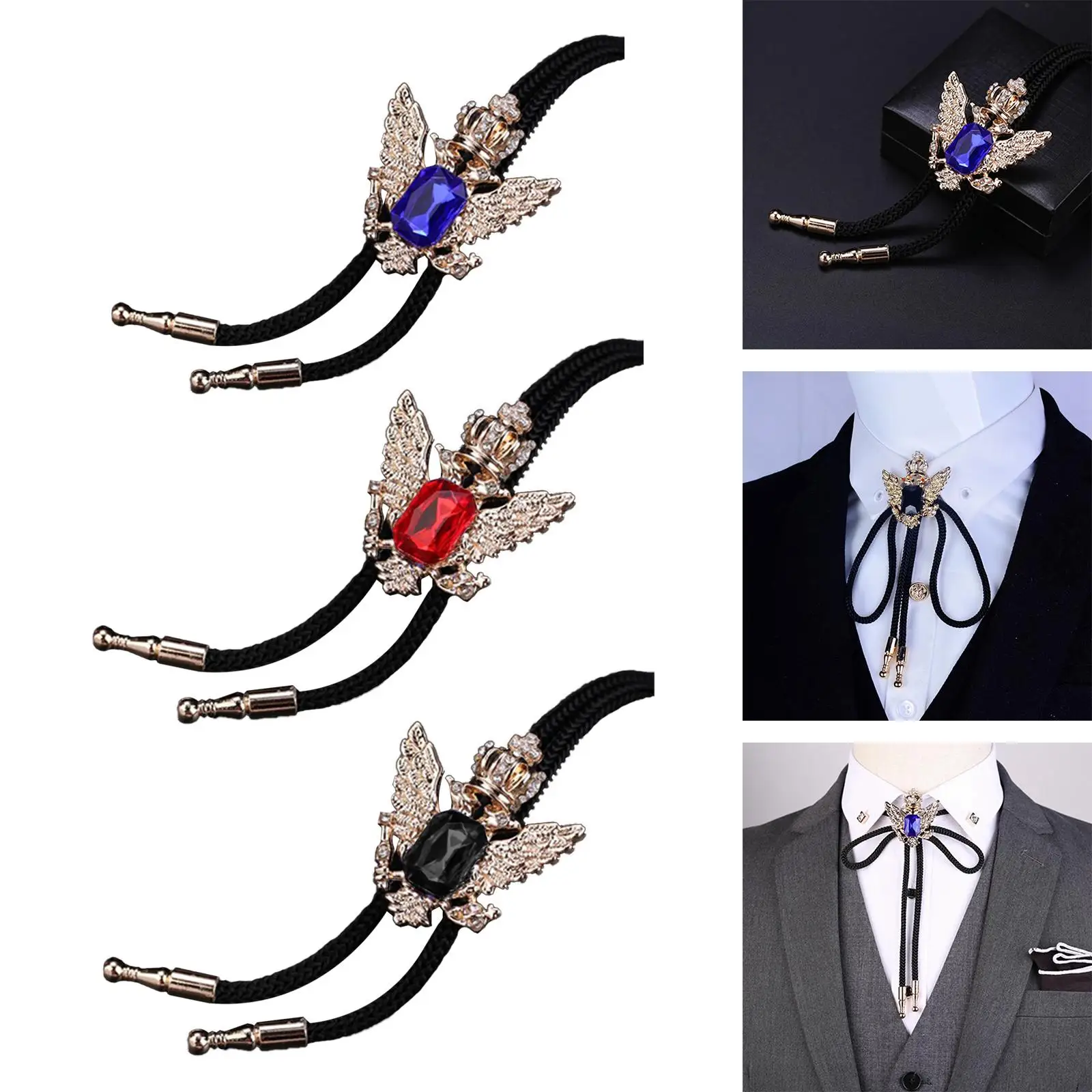 Vintage Style Double Head Eagle Rhinestone Bolo Tie, Halloween Costume Accessories Fashionable Rope Length 106cm Gold Plated
