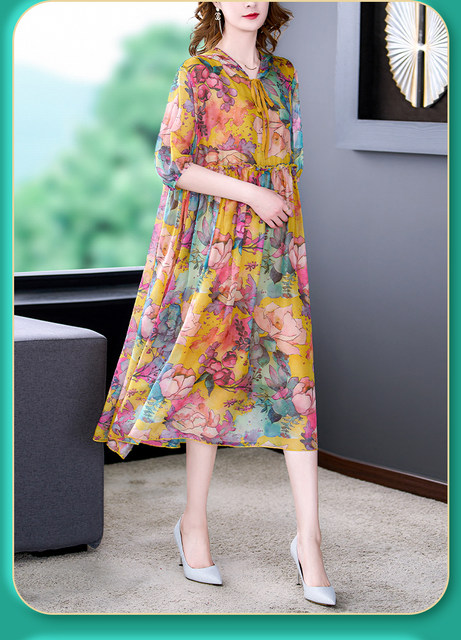 2023 New Fashion Silk Printed Dress Women's Summer Vintage 3/4