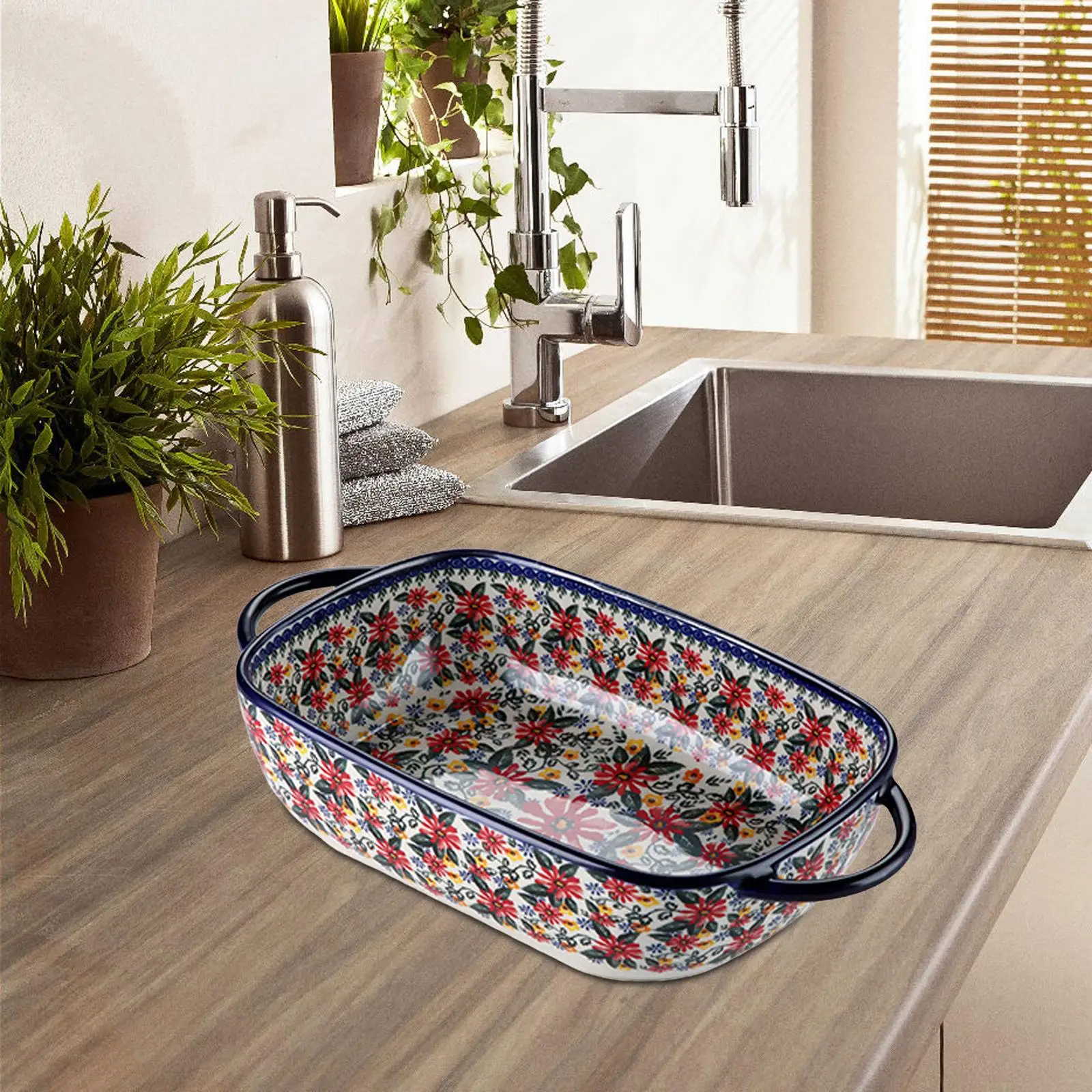 Boho Ceramic Baking Tray Tabletop with Handle Food Serving Plate for Kitchen Salad Soup