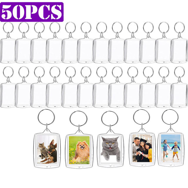 50PCS Clear Acrylic Blank Photo Picture Frame Key Ring Keychain