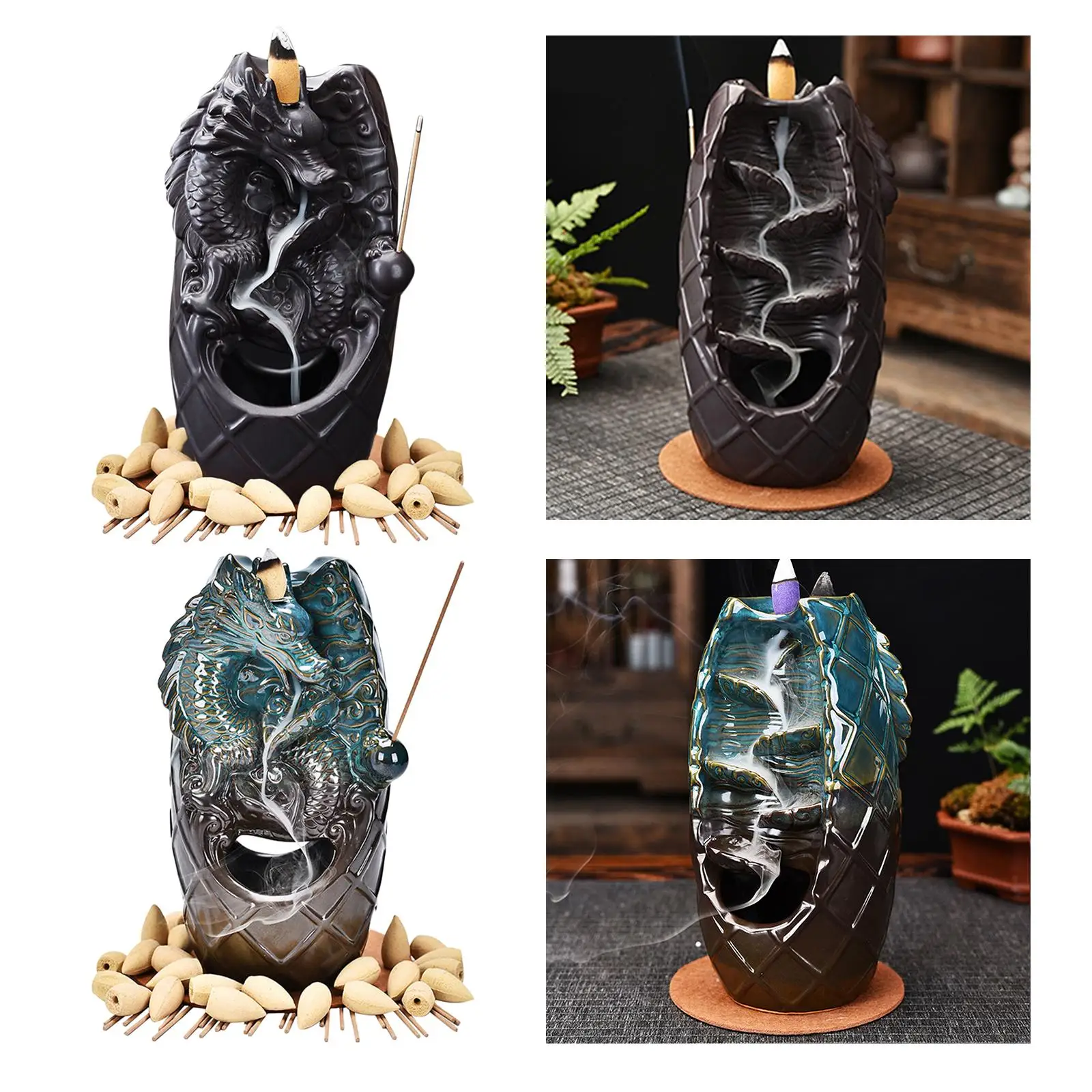 Ceramic Backflow Waterfall Incense Holders, Dragon Backflow Incense Burner Figurine Incense Cone Holder Home Decor