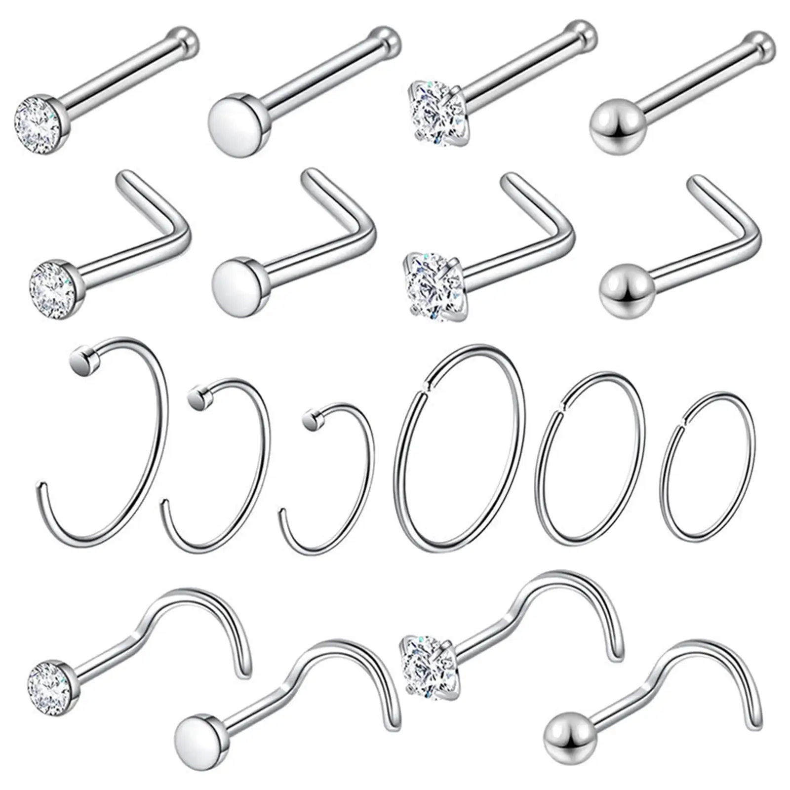 18 Nose Rings Set Stainless Steel Crystal Nose Hoops for Women 