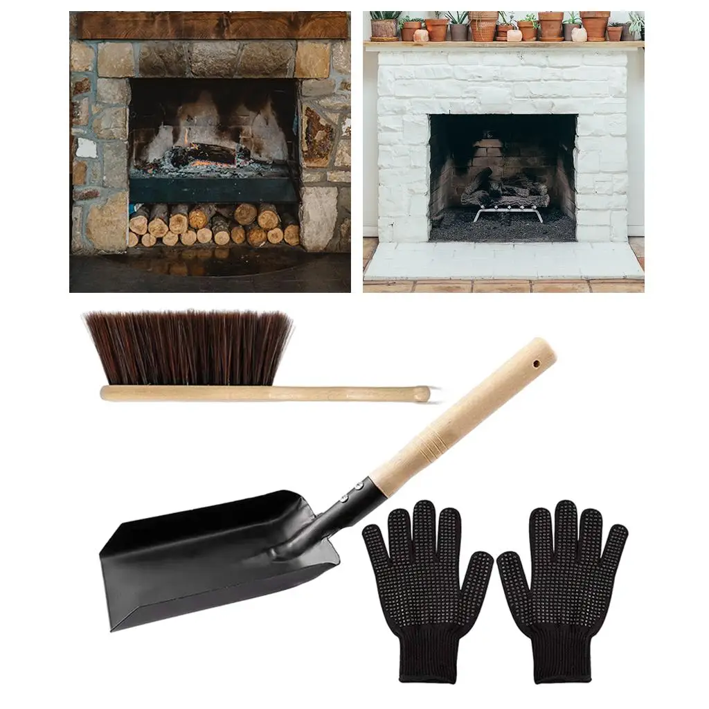 Fireplace Tools Ash Shovel and Hearth Brush Set Dust Shovel Firepit Gloves Hearth Tidy Fireside Wood Burner Accessories