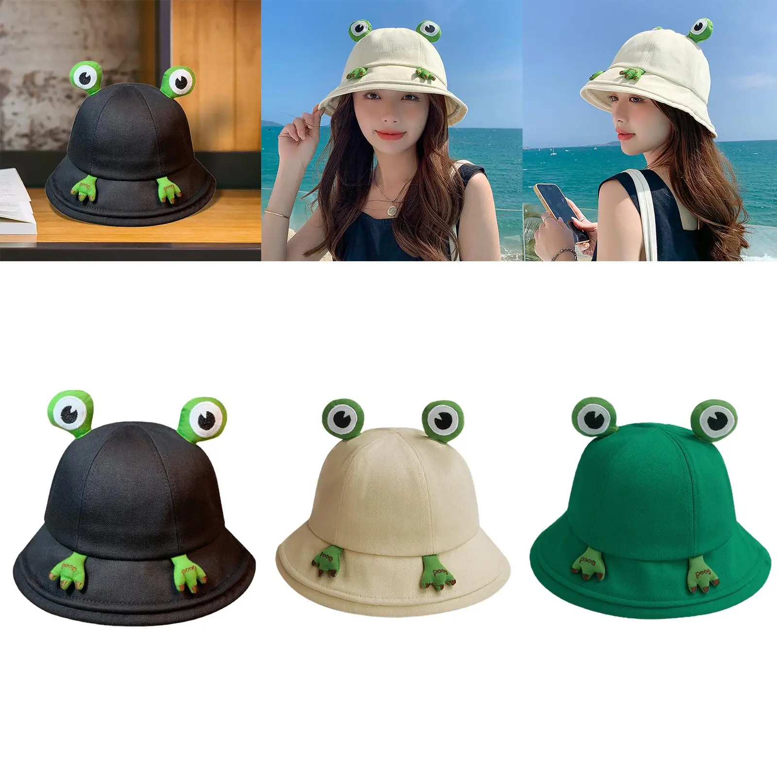 Frog Bucket Hat Party Hat Adjustable Photo Props Sun Protection Cotton Fisherman Caps for Dress up Outdoor Travel Spring Girls