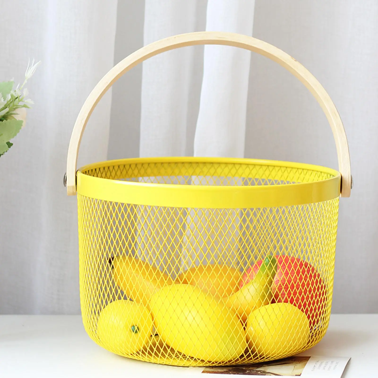 Hanging Kitchen Storage Basket with Bamboo Handle,Anti Corrosion Bread Fruit