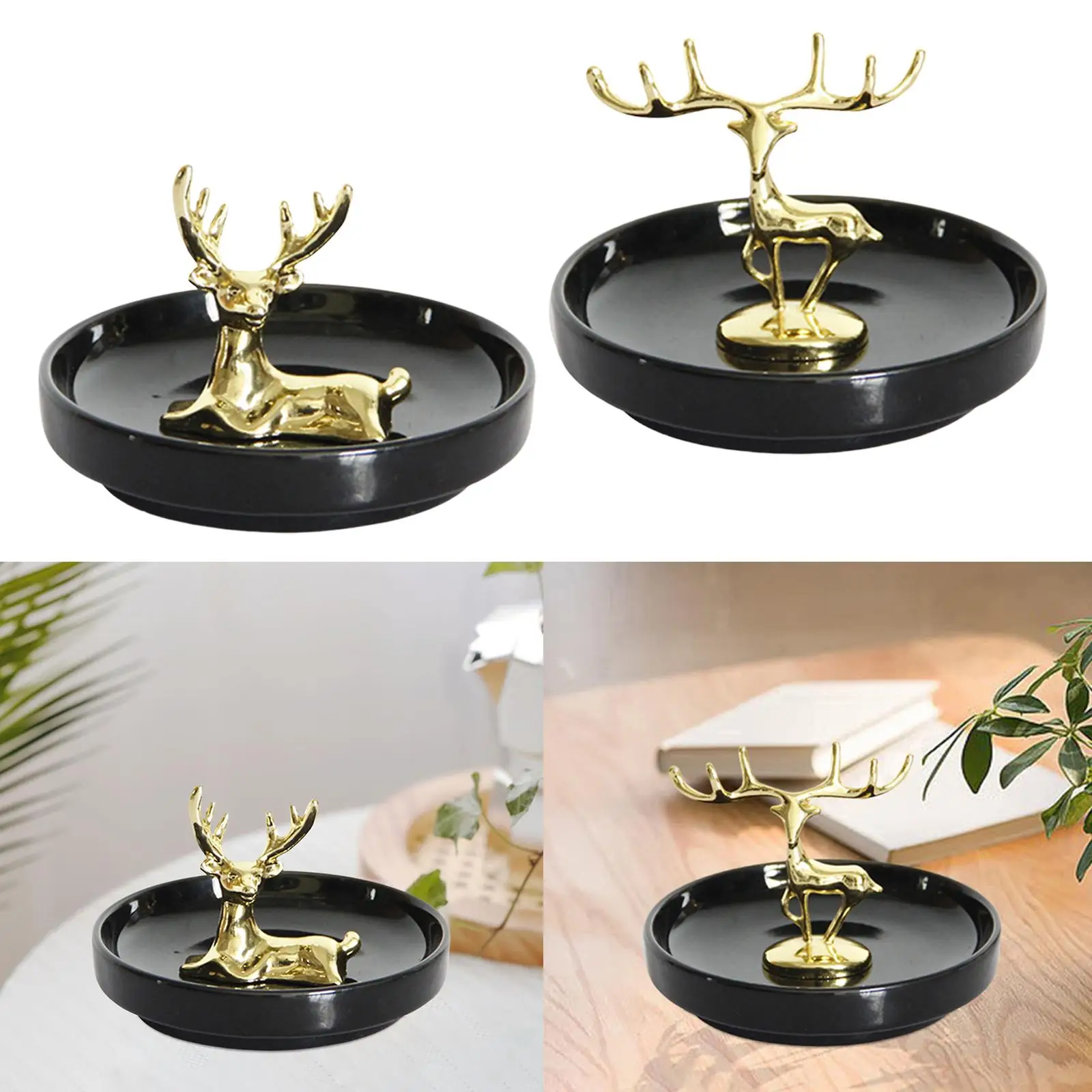 Nordic Style Reindeer Figurine Ceramic Statue Elk Sculpture Round Dish for Desktop Bookcase Living Room Decor Collectible