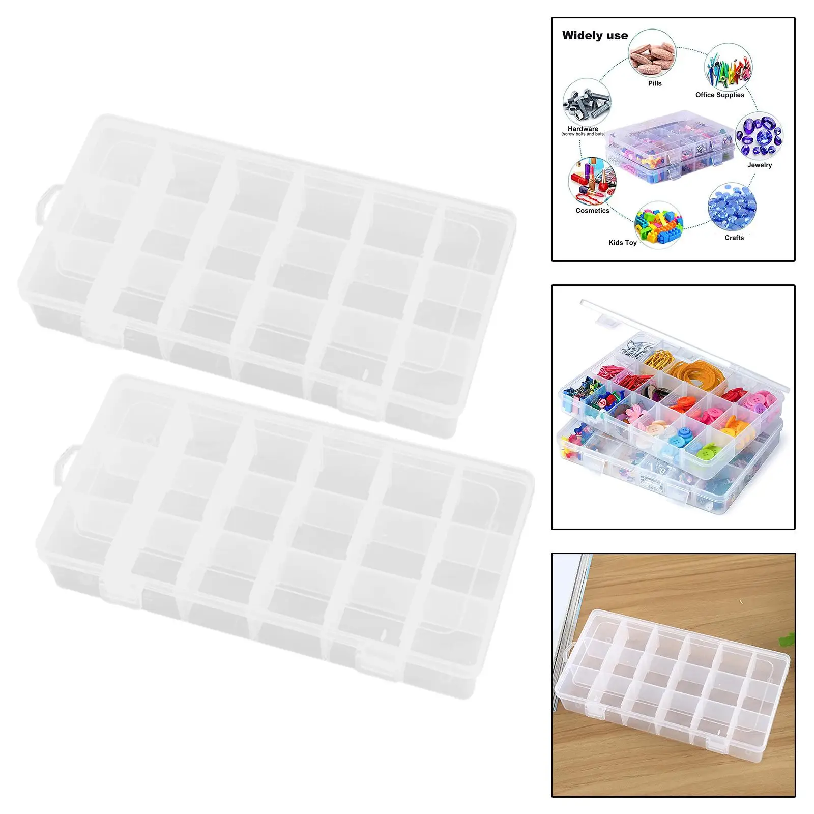 2 Count Transparent 18 Grid PP Jewelry Removable Storage Box Portable Sturdy