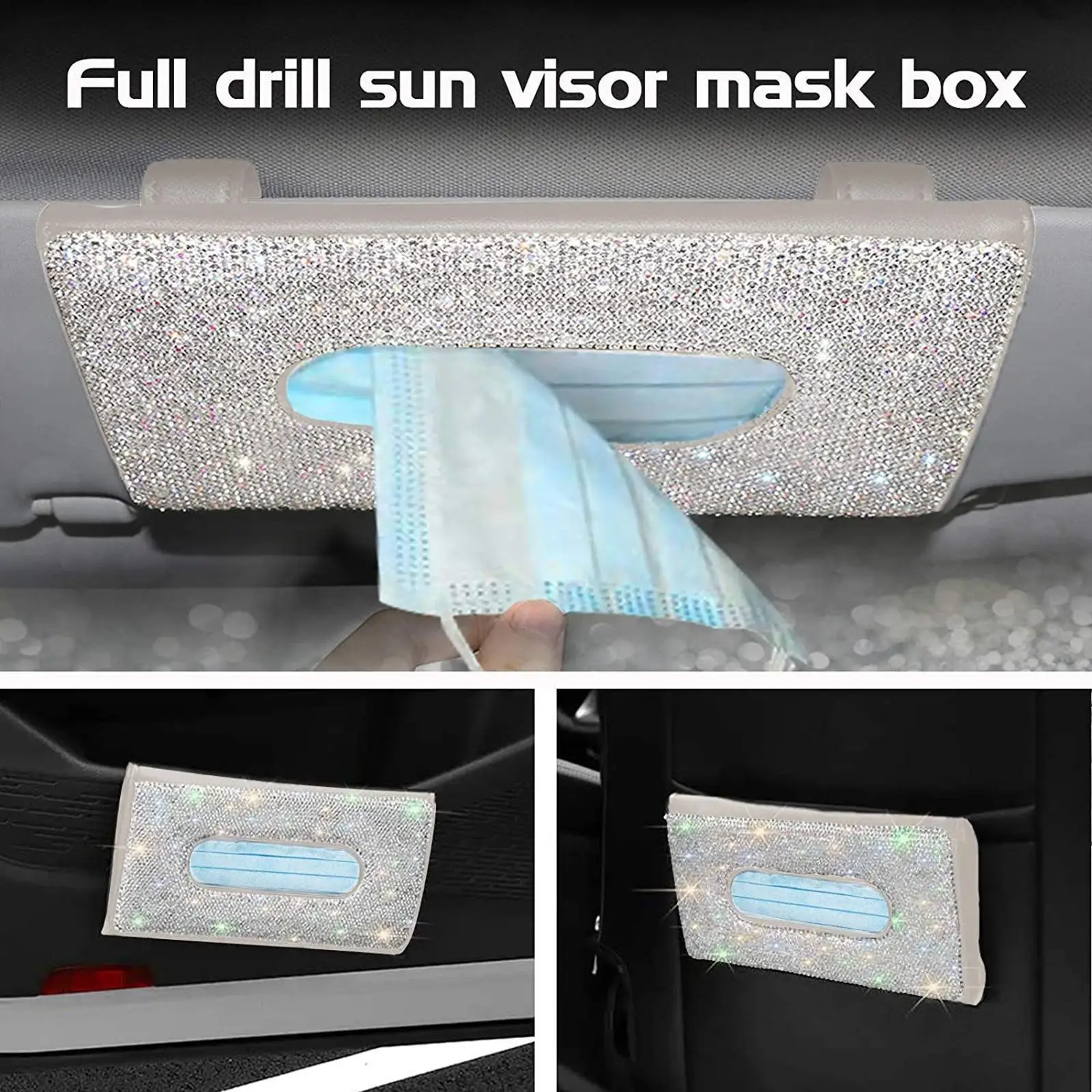 Car Tissue Holder Truck Automobile Sun Visor Backrest Napkin Box Rhinestones Masks Storage Case with 2pcs Masks Hanging Hooks