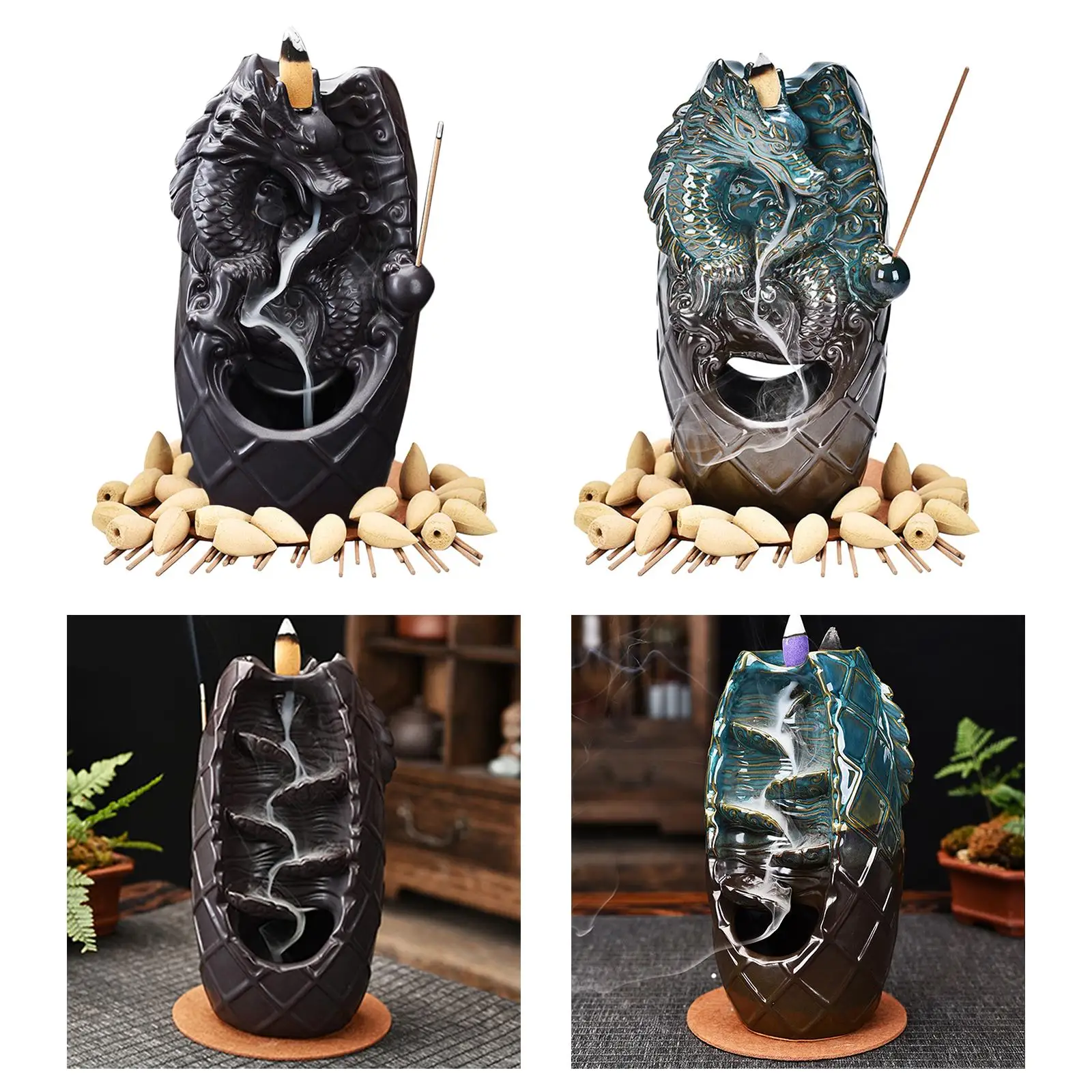 Ceramic Backflow Waterfall Incense Holders, Dragon Backflow Incense Burner Figurine Incense Cone Holder Home Decor