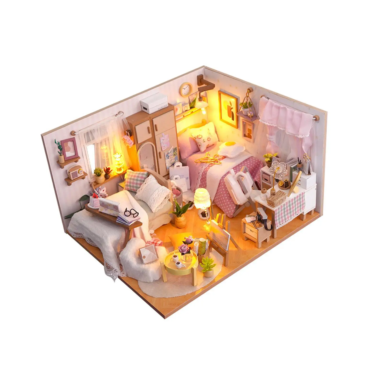 3D Wooden Miniature Dollhouse Kits with Furniture and Ornaments for Boys Girls Artwork Easy to Assemble Fashion Creative Bedroom