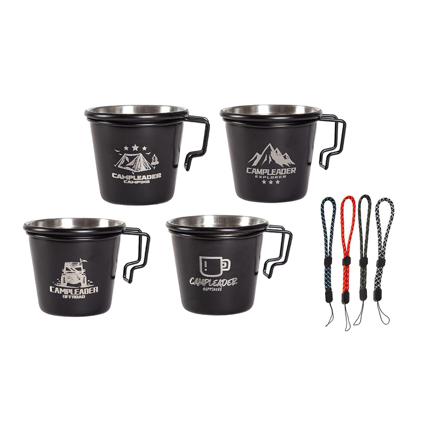 4pcs Outdoor 304 Stainless Steel Milk Cups w/ Hanging Rope Drinking Mugs for Camping Picnic BBQ Fishing Backpacking Hiking