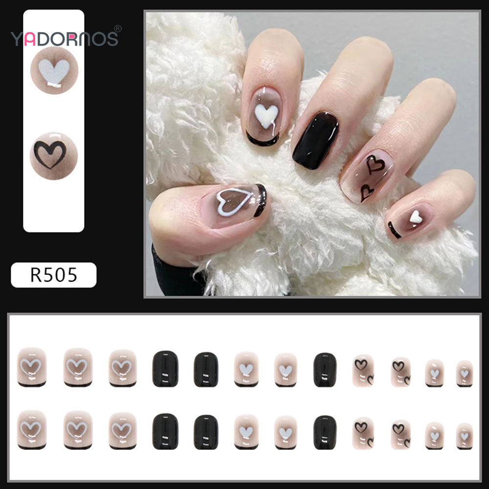 Description Picture 3 of item24pcs Y2K Fake Nails with Lovely Black Heart Designs Reusable French False Nails Full Cover Short Press On Nails for y2k Girls