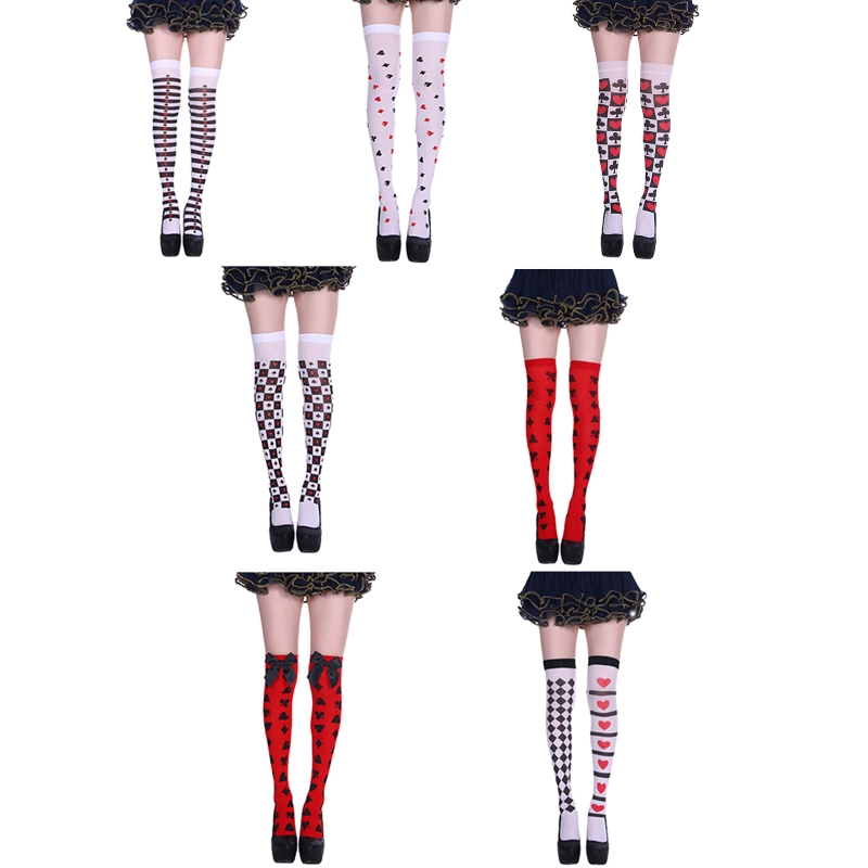 Halloween Frauen Oberschenkel Hohe Strümpfe Poker Karte Anzug Drucken Über Knie Lange Socken – Detail 1