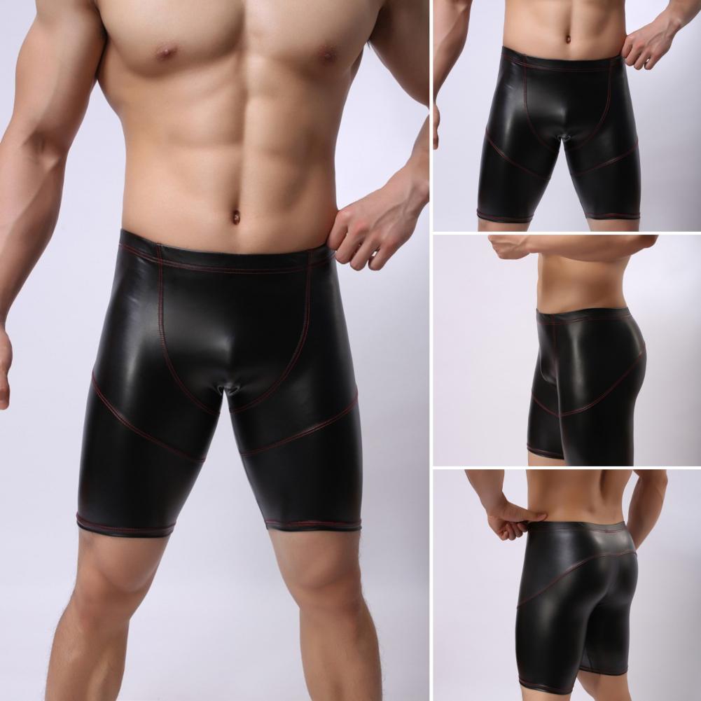 Description Picture 6 of itemSexy Mid-rise U Convex Men Panties Fine Sewing Stitching Hip Lifting Skinny Sexy Solid Color Faux Leather Male Shorts Underpants