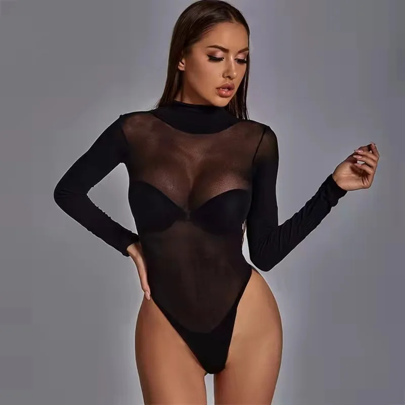 Sb8a5d71267ba40e4be568c6226a7f9c3u Elastic Women's Mesh Bodysuit Plus Size See Through Stretchy Black Long Sleeve Bodycon One-pieces Bodysuits Tops for Women