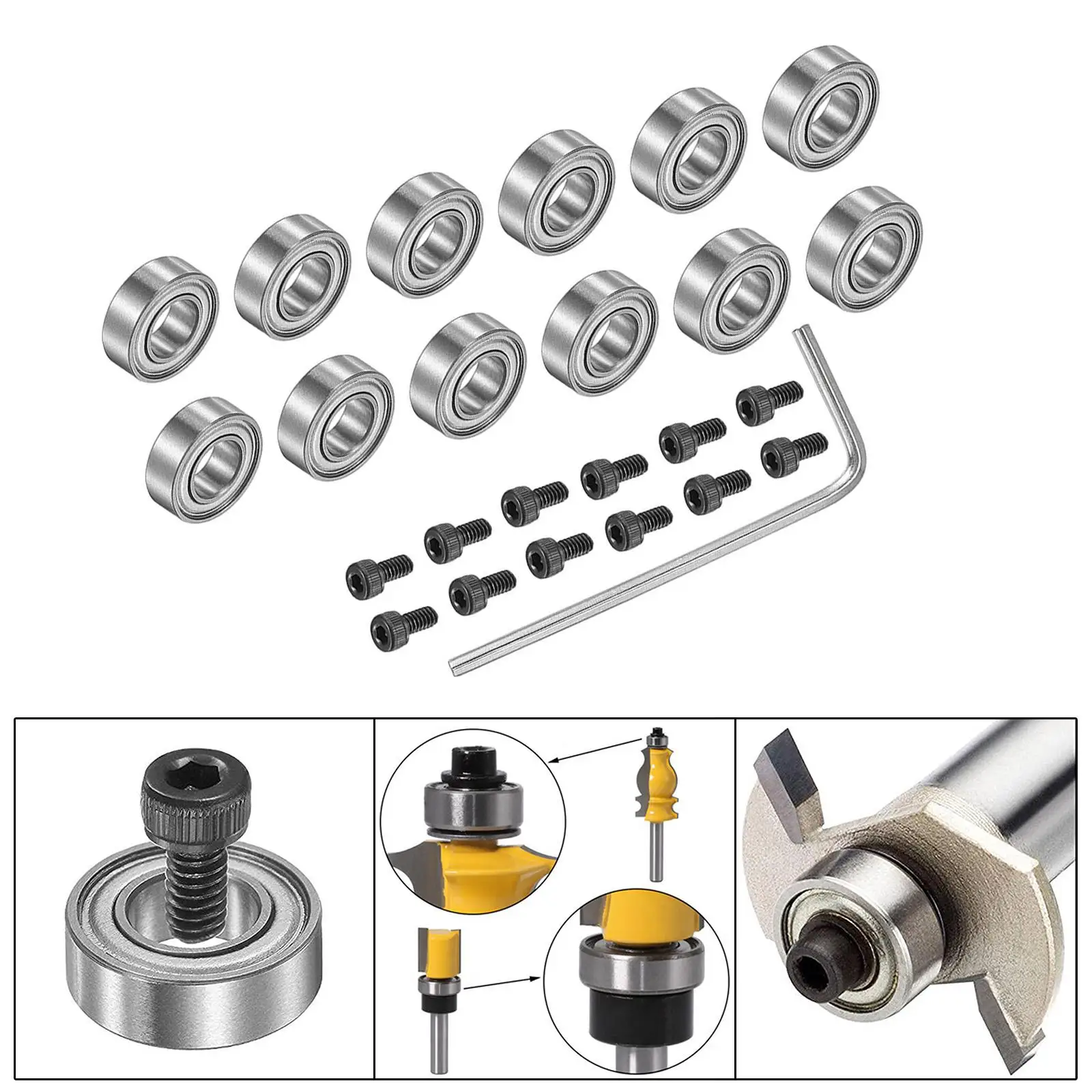 12 Piece Mounted Bearings for Router Bit Wear Resistant Flush Trim Mounted Bearings Set for Milling Cutter Bearing Accessories