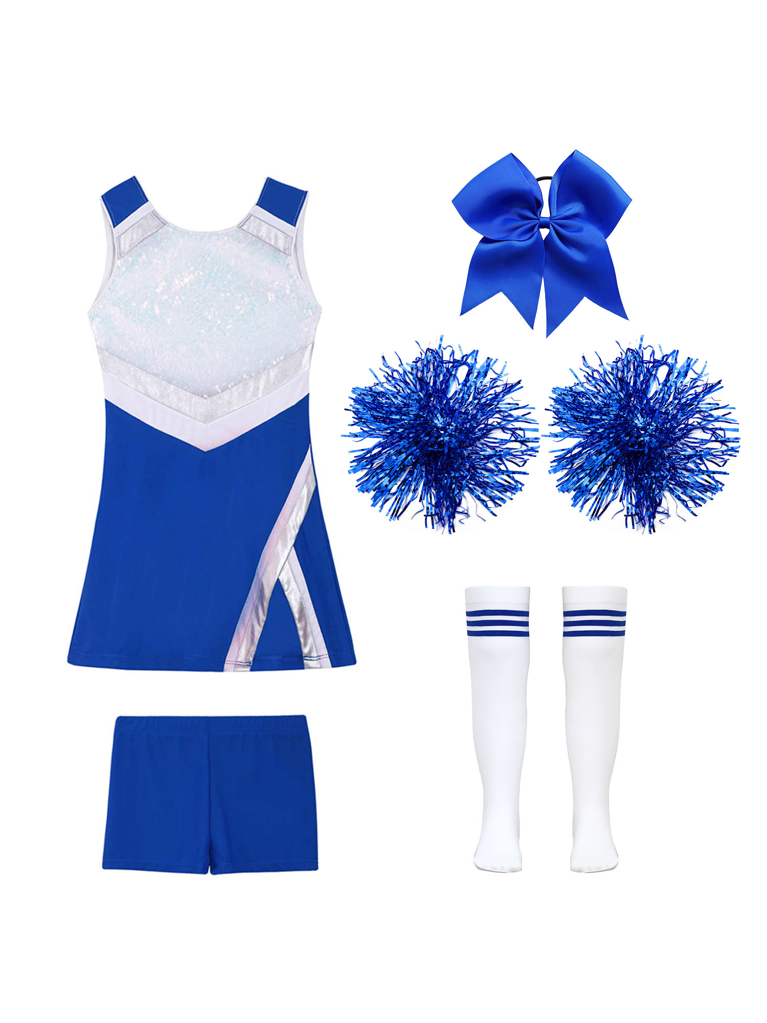 Cheerleader-Kostüm für Mädchen, Cheerleading-Uniform, modernes Tanzoutfit, glänzendes Paillettenkleid mit Shorts, Tanzkleidung – Detail 6
