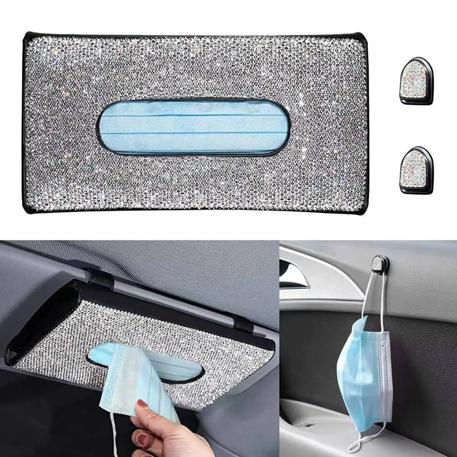 Car Tissue Holder PU Leather Sun Visor Napkin Box 24x14cm Backrest Crystals Shining Clips Hook