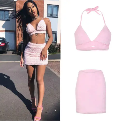 Faux Fur Pink Two Piece Set Halter Bralette Crop Top And Mini Skirt Autumn  Winter Outfits Club Dress Suit D34Ai17