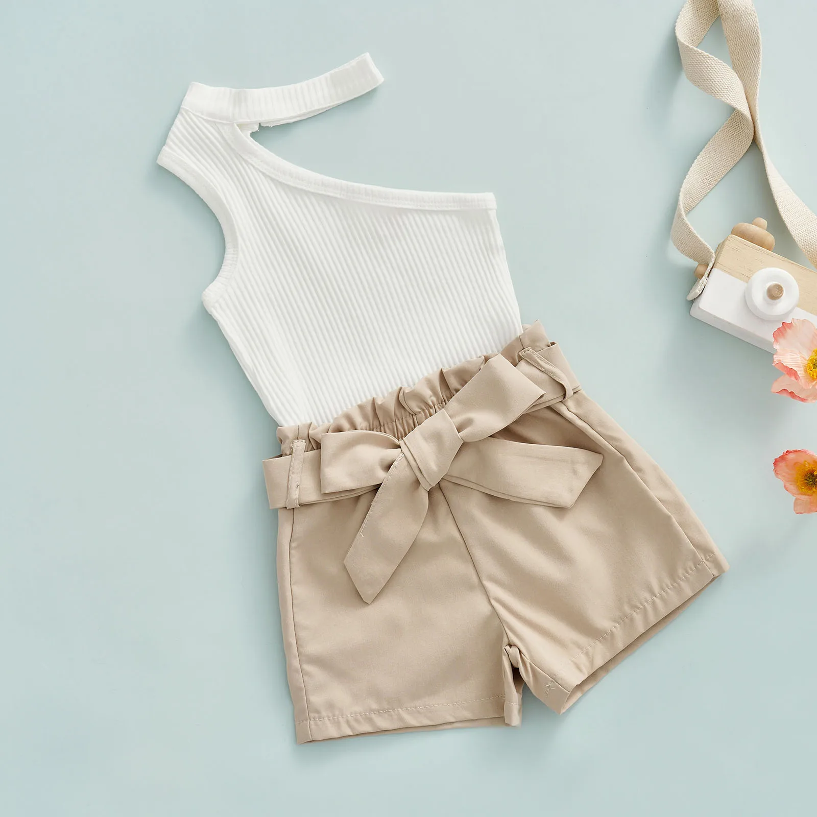 ma&baby 6M-4Y Summer Toddler Infant Kid Baby Girls Clothes Set One Shoulder Knitted Crop Tops Bow Shorts Fashion Summer Outfits Baby Clothing Set medium