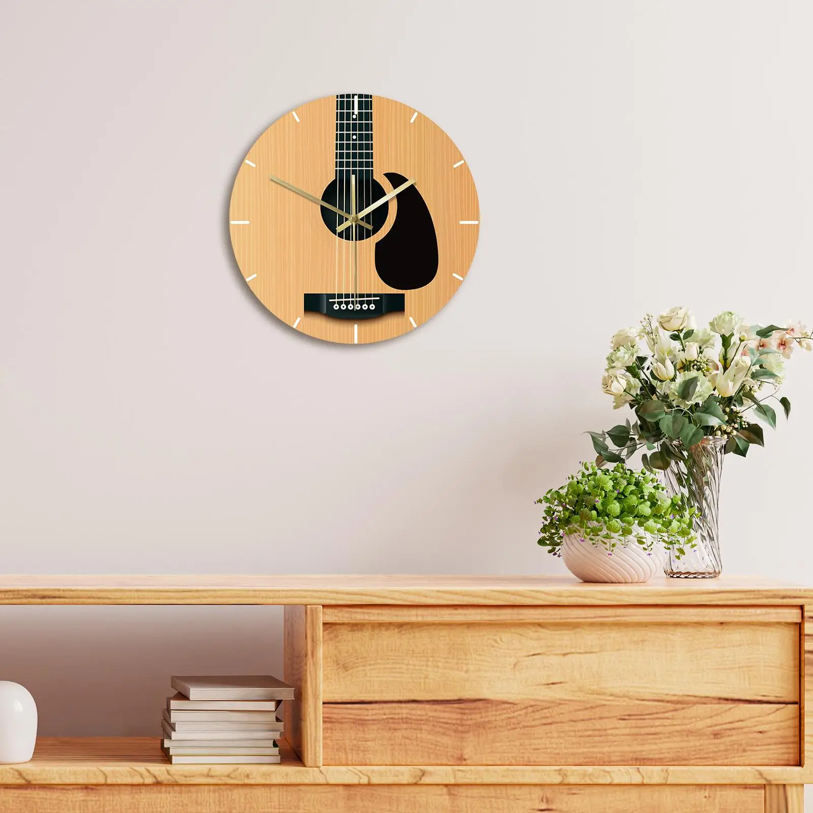 Round Guitar Wall Clock Music Decorative Instrument Minimalist Wall Art No Ticking for Indoor Office Home Dining Room Gift