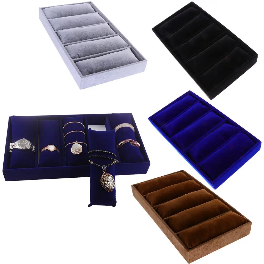 Velvet Jewelry Tray with 5 Grids Pillows Bracelet Watch Display Holder Organizer with Removeable Inserts
