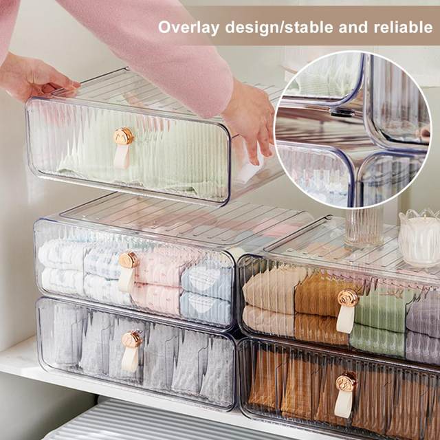 Dasbsug Clear Acrylic Underwear Drawer Organizer Box 4/8 Grids Compartment  Divided Closet Storage Bin Stackable Shelf for Socks 