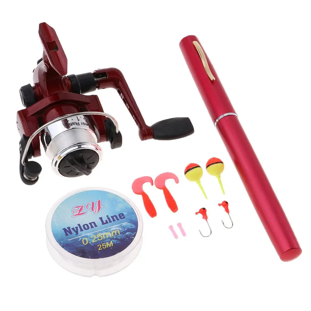Pocket Fishing Pen Size Rod Reel Line Hook Combos Travel Portable Kits