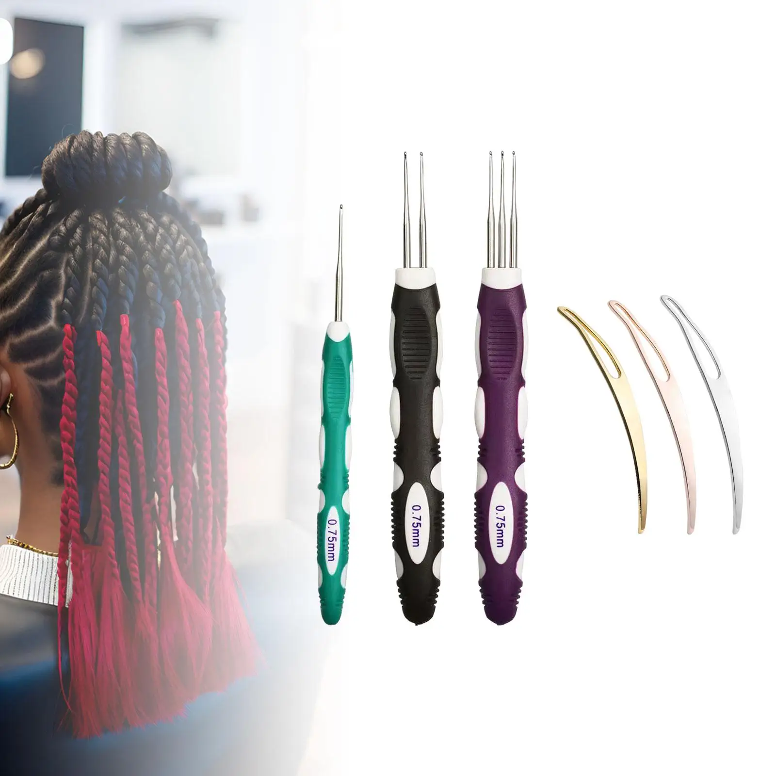 6x Dreadlock Crochet Hook with Hair Locking Tool Salon 0.75mm Hair Extensions Tool Practical Include 1 Hook, 2 Hook and 3 Hooks
