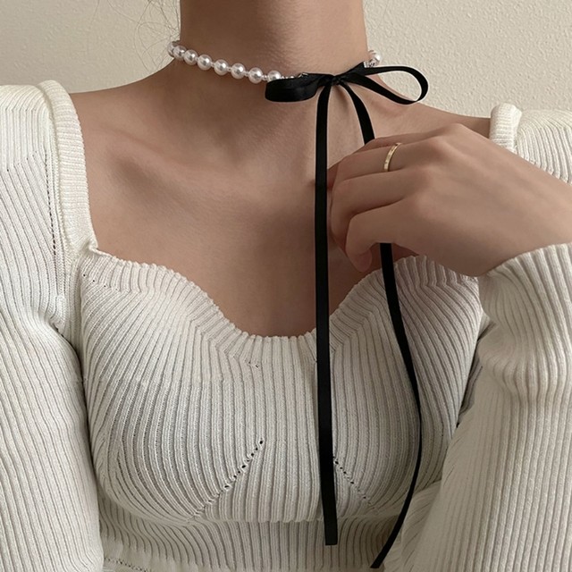 Black Ribbon Choker Charm Necklaces  Simulated Pearl Bow Tie Choker -  Elegant Black - Aliexpress