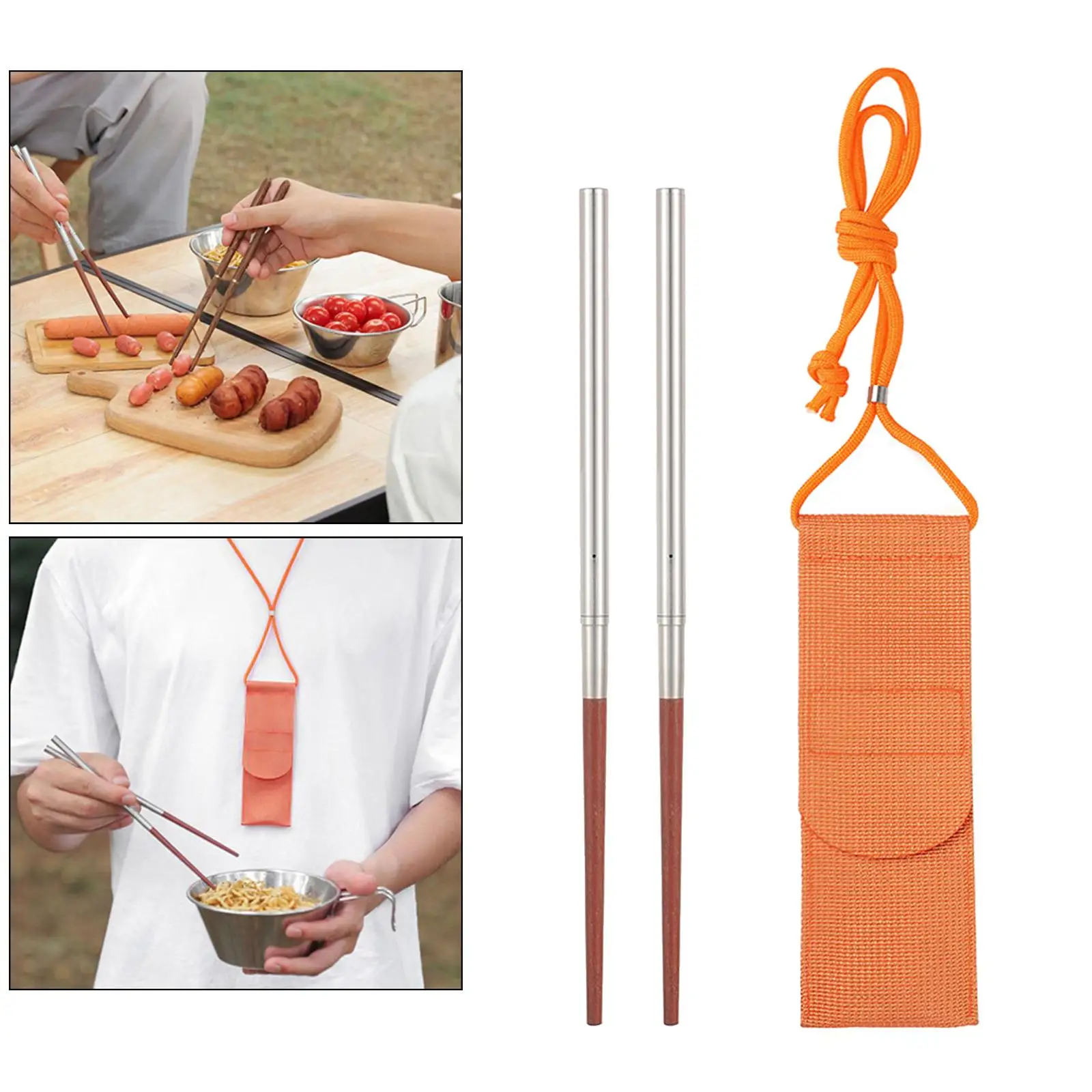 Screw-on / Separate Stainless Steel Wooden Chopsticks Reusable Travel Foldable Chopsticks with Pouch