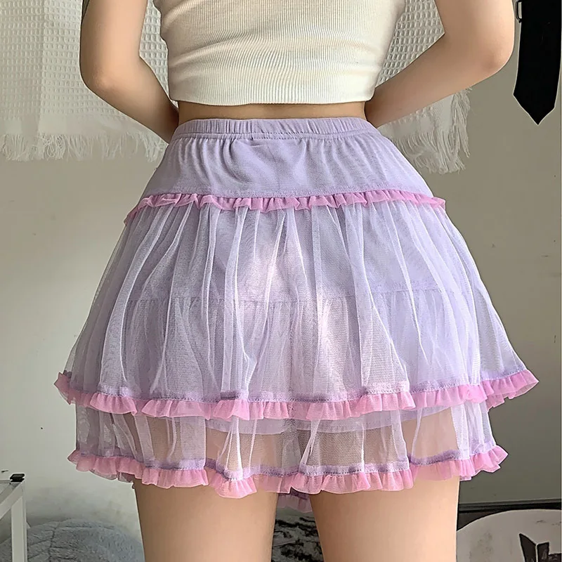 Contrast Color Mesh High Waist Slim Bow A-Line Skirt Cute Purple Patchwork Micro Mini Skirts 2022 Women Summer purple skirt