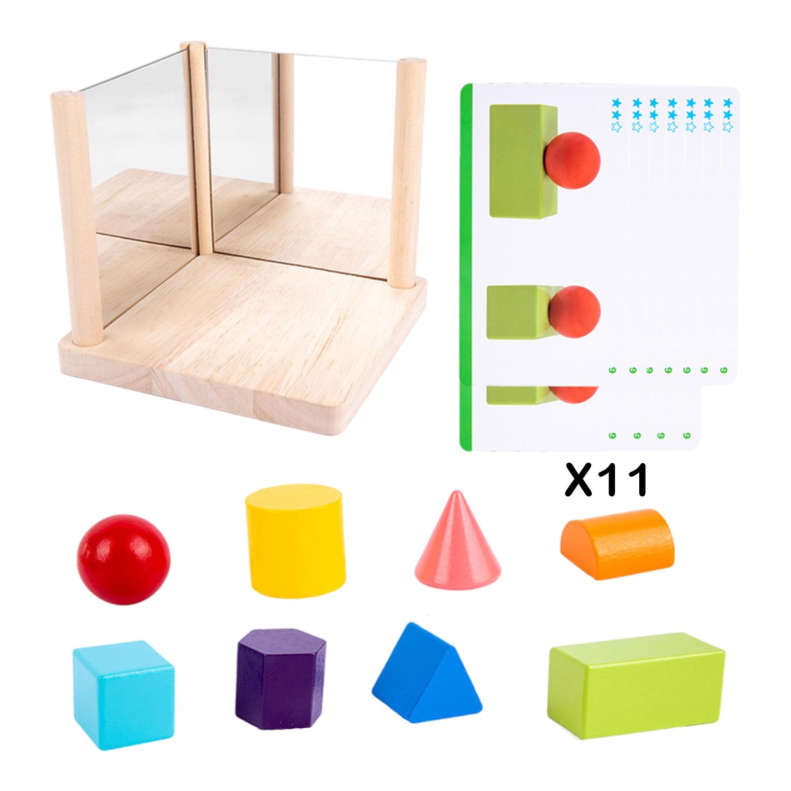 8Pieces 3 Wooden Mirror Blocks with 11 Cards Building Early Educational Development Montessori Training Interactive  Toys 