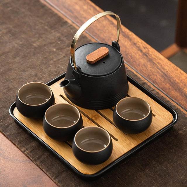 Pottery Tea Set Gifts Tea Kettle Tea Tray Teacup for Outdoor