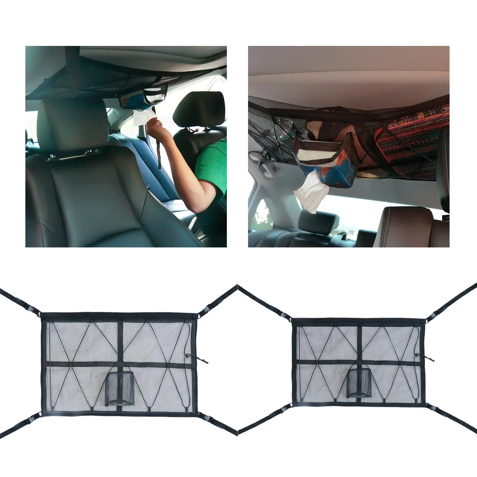 Car Roof Ceiling Cargo Net Pocket Interior Double Layer with Zipper Buckle Organization with Zip for SUV Camper MPV Most Car Van