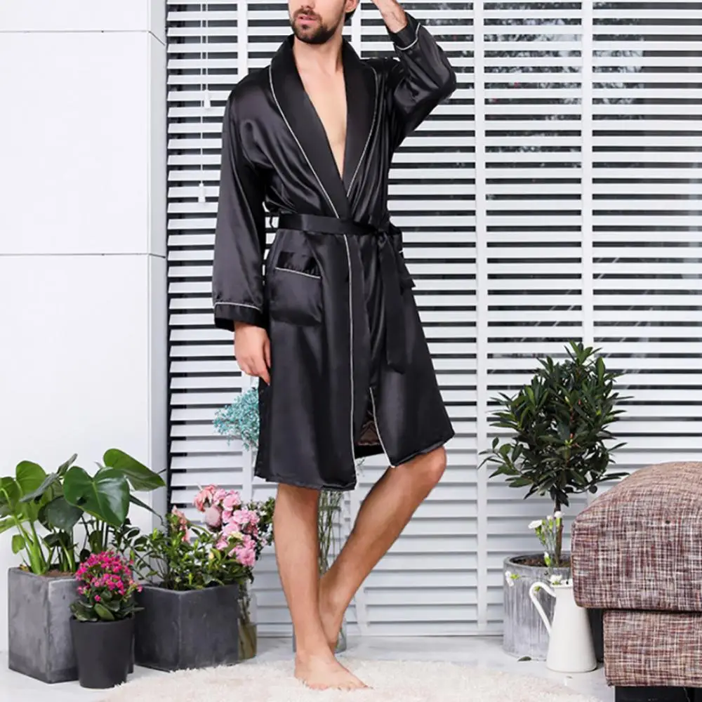 mens silk pajama set Men Bath Robe Black Lounge Sleepwear Silk Nightwear For Men Comfort Silky Bathrobes Noble Dressing Gown Men's Sleep Robes cotton pajamas for men