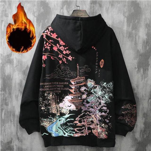 Sakura Print Hoodie Men's Sweatshirt Casual Loose Hooded Top 