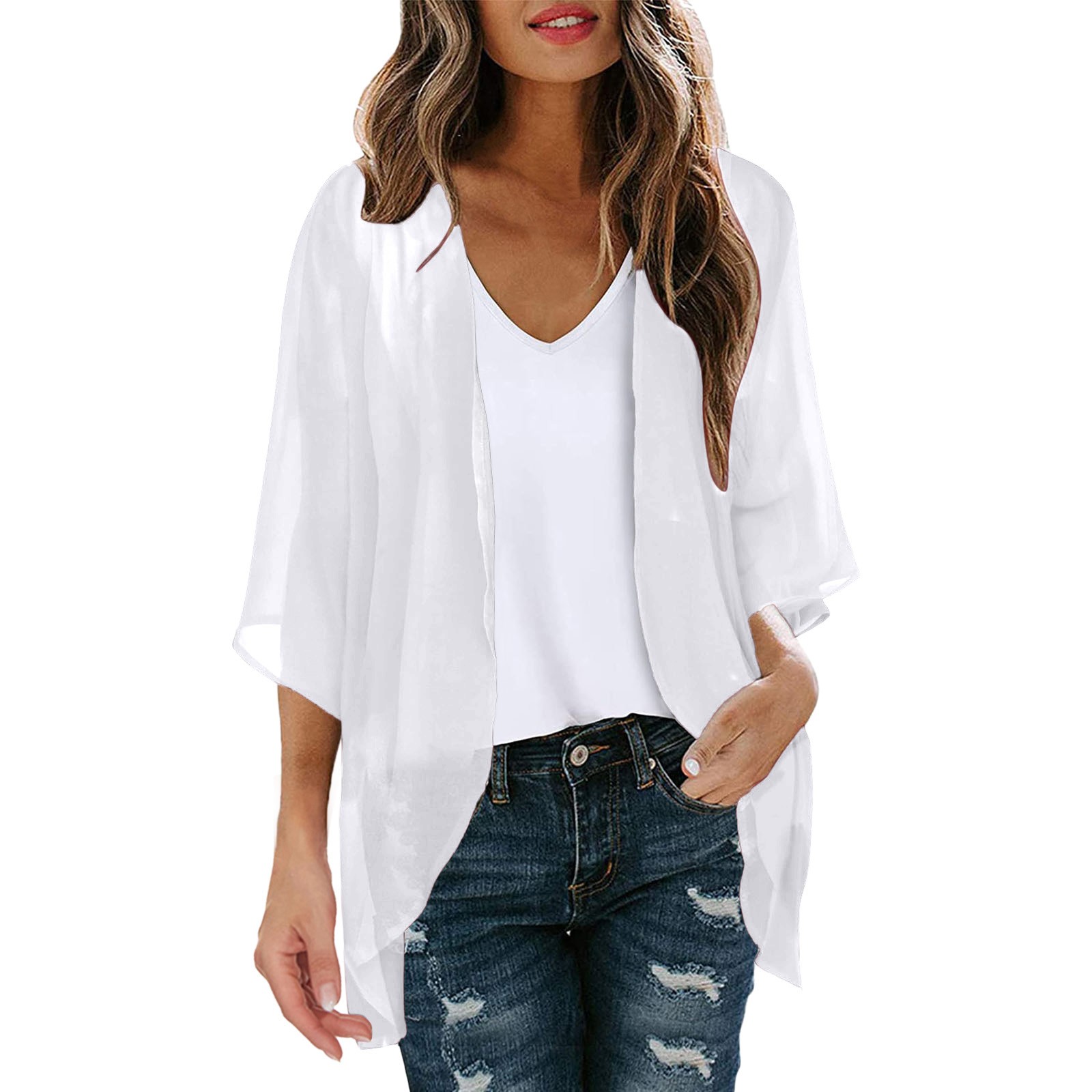 Sb9841d39ea0c4e6e9b1c76426d722c02o Womens Solid Elegant Puff Sleeve Chiffon Blouse Cardigan Loose Cover Up Casual Long Sleeve Tops Summer Plus Size Thin Tops