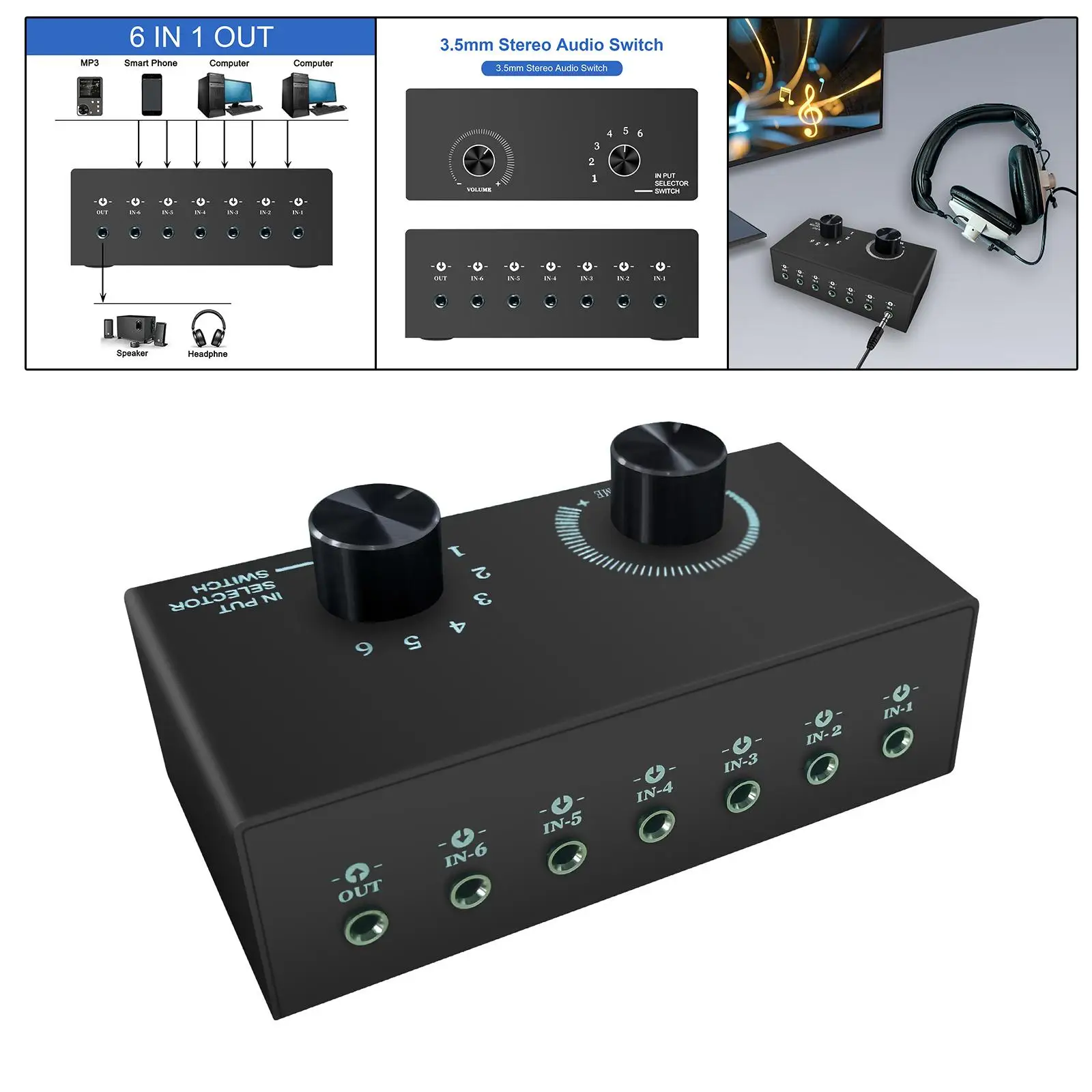 Audio Switch with 3.5mm Audio Cable 6 in 1 Out Audio Switcher Box for