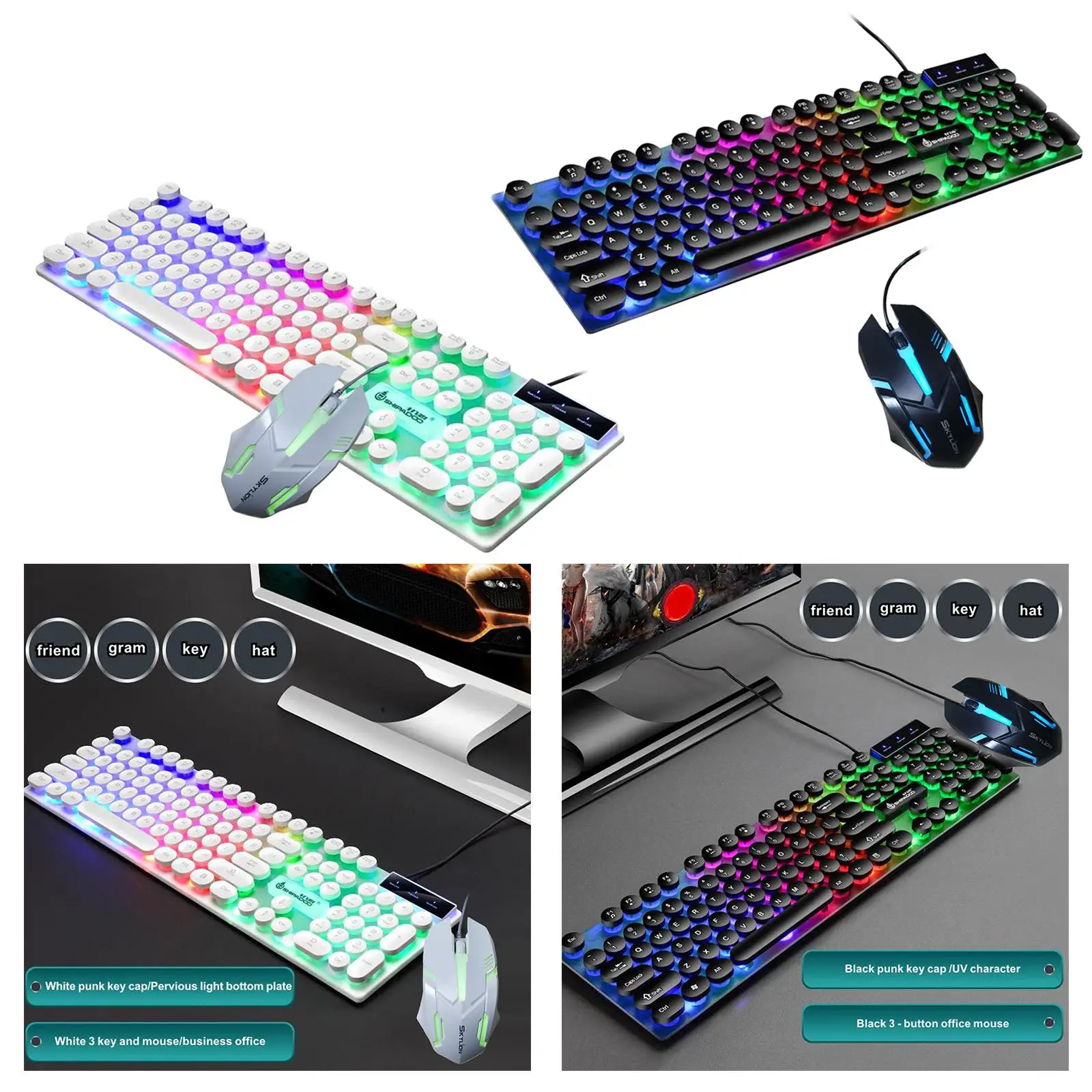 USB RGB Rainbow LED Backlit Mouse Keyboard Set, Quickly Reaction, Wide Compatibility