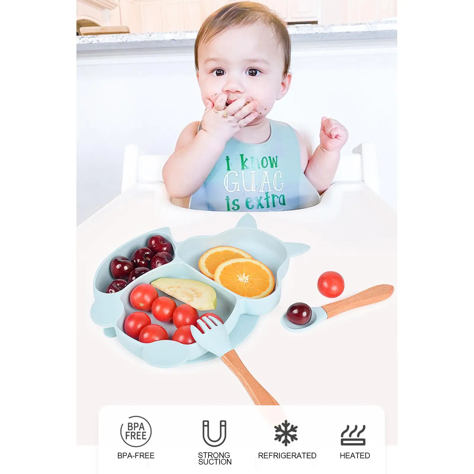 Silicone Suction Bowl Feeding Bib with Fork Spoon Set Dishwasher Friendly