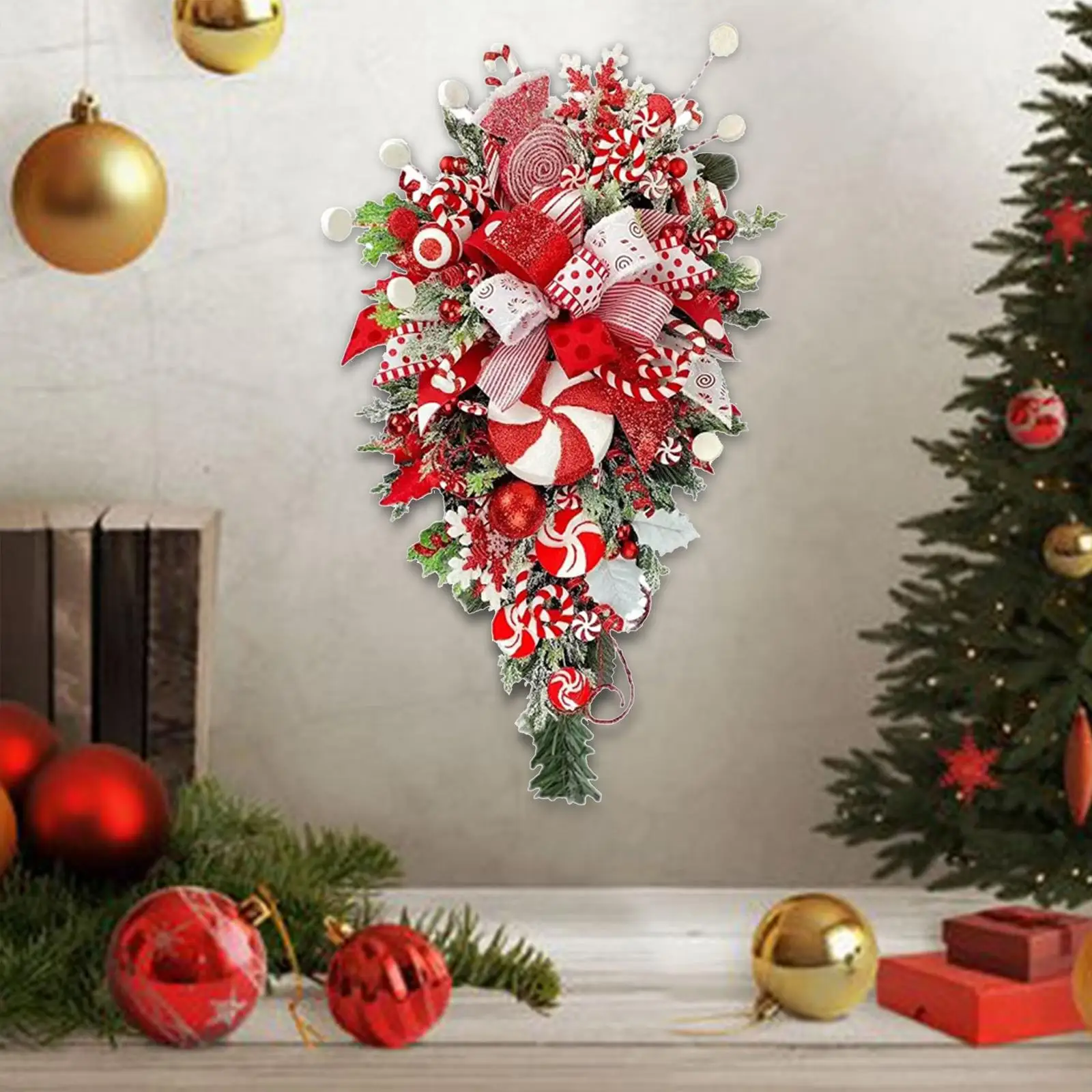 Artificial Christmas Teardrop Swag for Door Wall Windows with Bow Christmas Door Wreath for Outdoor Indoor Garden Home