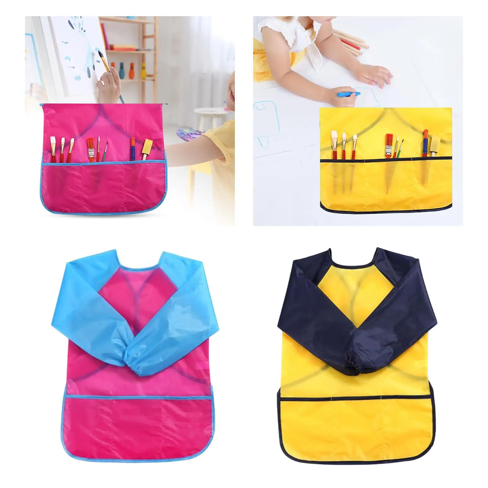 Washable Kids Smock Art Painting Apron with 3 Pocket Waterproof Children Baking Eating Smock for Girls Boys Infant Toddler Baby